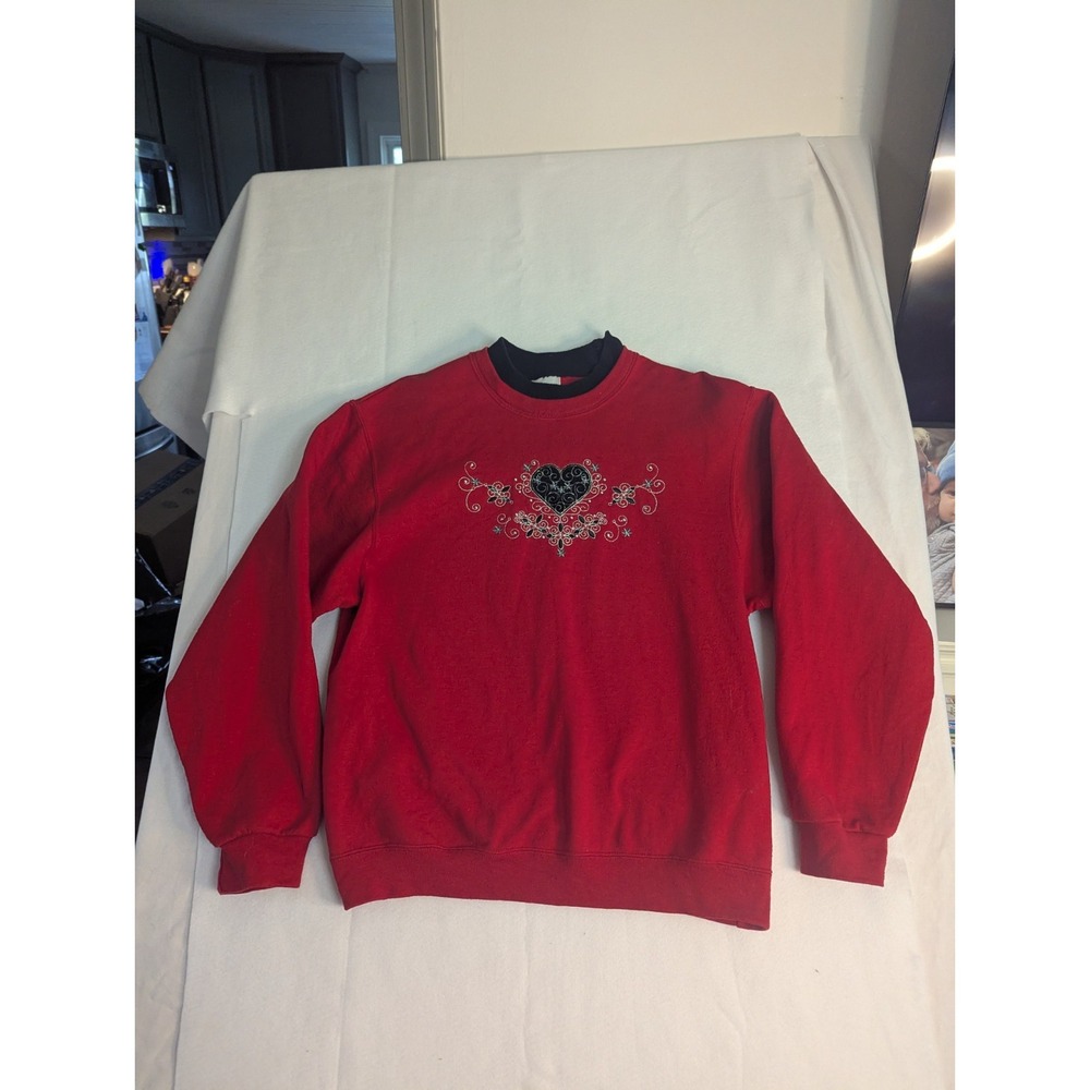 Vintage Pleasant Shade Red Sweatshirt Mock Collar Granny Core Heart S/M